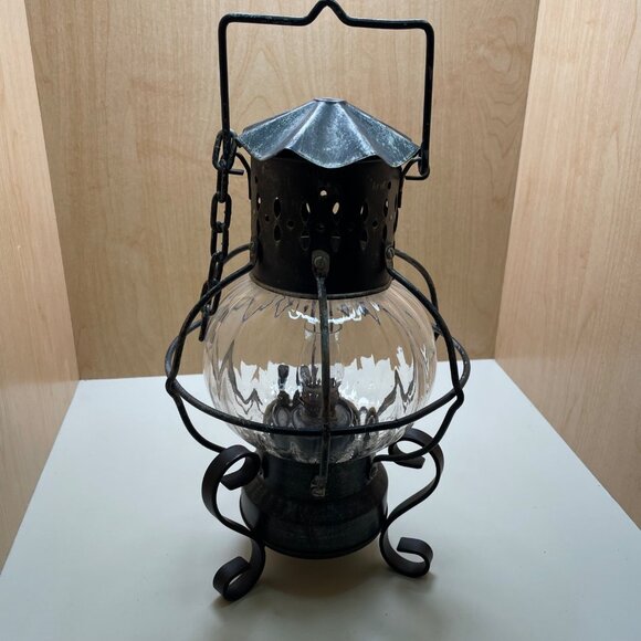 Rare Antique-Style 3 Piece Black Metal & Glass Lantern With Decorative Stand and - Picture 13 of 16